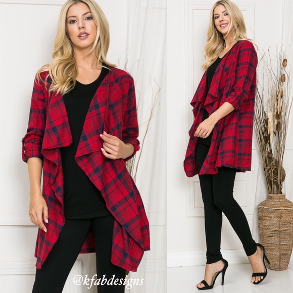 LAST! Soft Plaid Red Open Cardigan with Roll Up Sleeves! - Picture 6 of 8